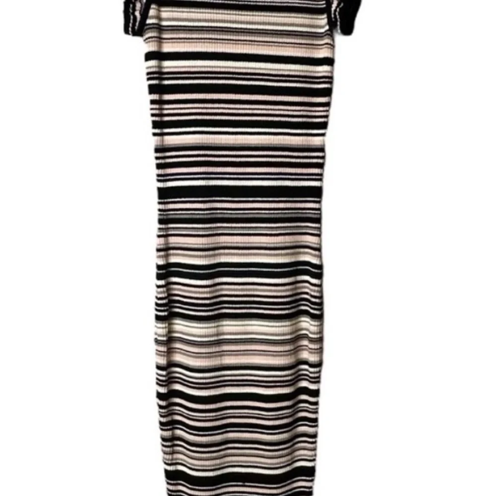 Milly Black Pink White Striped Ribbed Ruffle Hem Midi Dress - Picture 4 of 9